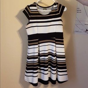 black, white, and cream striped dress